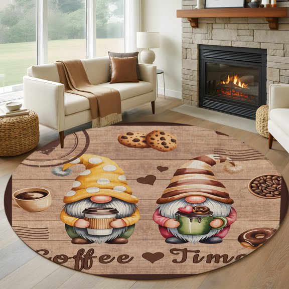 Round Area Rug 5ft, Countryside Dwarfs on Retro Wood Non-Slip Non-Shedding Floor Mat, Coffee Time Words Washable Sturdy Carpet for Living Room Bedroom Home Decor