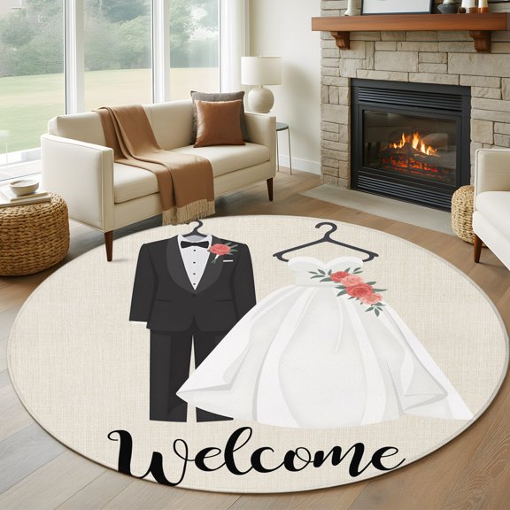 Round Area Rug 5ft Couple Wedding Dress Area Rugs Washable Low Pile Floor Carpet for Bedroom, Modern Simple Romantic Art Non Slip Soft Rugs for Living Room Entryway Dining Room