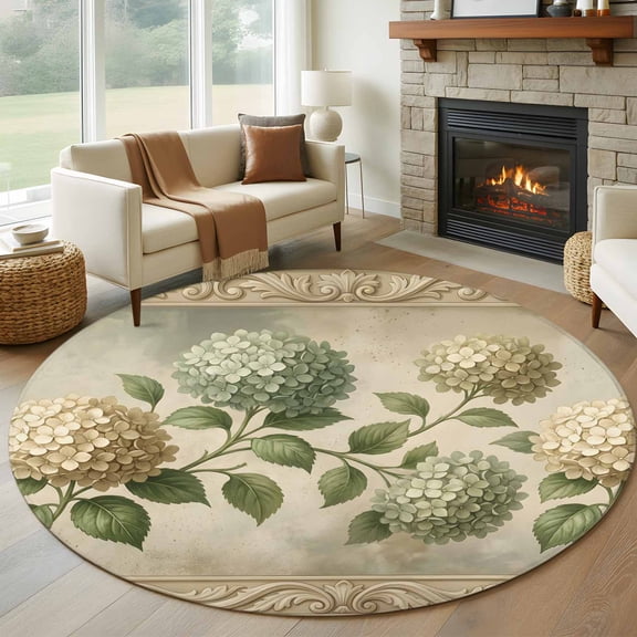 Round Area Rug 5ft Cream Gold Hydrangeas Area Rugs Washable Low Pile Floor Carpet for Bedroom, Farm Floral Art Non Slip Soft Rugs for Living Room Entryway Dining Room