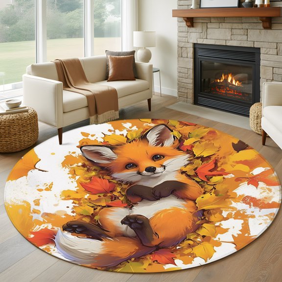 Round Area Rug 5ft Cute Fox Lying in Orange Maple Leaves Area Rugs Washable Low Pile Floor Carpet for Bedroom, Autumn Botanical Animal Non Slip Soft Rugs for Living Room Entryway Dining Room