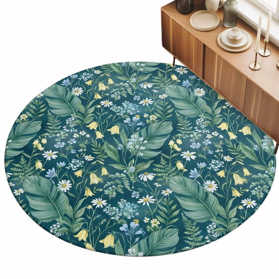 Round Area Rug 5ft Daisy Flower Floor Carpets Indoor Floor Area Mat Stain-Proof Mat Circle Rugs for Living Room Dining Room Kitchen Bedroom, Spring Wildflower Green Leaves Sofa Throw Carpet