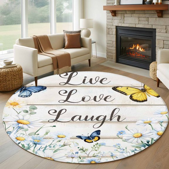 Round Area Rug 5ft Daisy Flowers Butterfly Circle Kitchen Mats Non-Slip Floral Leaf Wood Grain Washable Round Carpet for Kitchen Living Room Bedroom Home Decor