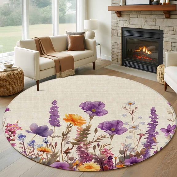 Round Area Rug 5ft Daisy Purple Lavender Circle Kitchen Mats Non-Slip Flower Plant Washable Round Carpet for Kitchen Living Room Bedroom Home Decor