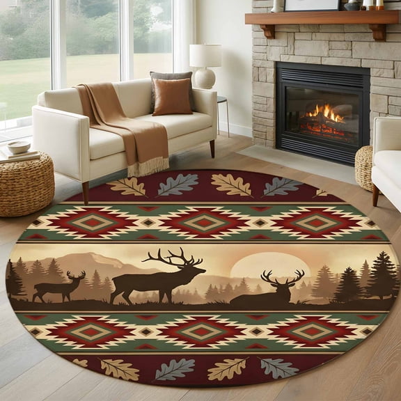 Round Area Rug 5ft Deer Retro Southwest Ethnic Area Rugs Washable Low Pile Floor Carpet for Bedroom, Abstract Tribal Geometric Non Slip Soft Rugs for Living Room Entryway Dining Room