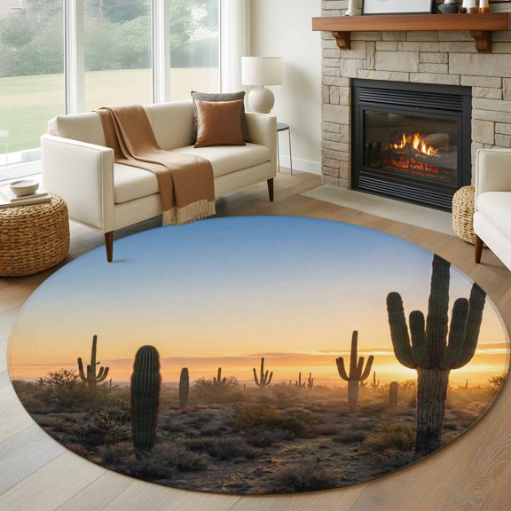 Round Area Rug 5ft Desert Cactus Sunset Area Rugs Washable Low Pile Floor Carpet for Bedroom, Tropical Plant Natural Scenery Non Slip Soft Rugs for Living Room Entryway Dining Room