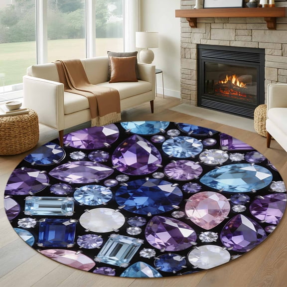 Round Area Rug 5ft, Dreamy Gemstone Ombre Purple Non-Shedding Washable Area Rug, Abstract Geometric Non Slip Low-Profile Circle Rugs for Living Room, Bedroom Dining Room