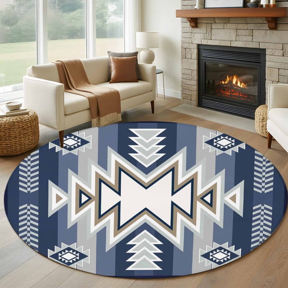 Round Area Rug 5ft, Ethnic Boho Morocco Theme Non-Slip Non-Shedding Floor Mat, Aztec Blue Geometric Art Washable Sturdy Carpet for Living Room Bedroom Home Decor