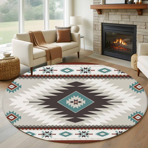 Round Area Rug 5ft,Ethnic Tribal Geometric Pattern Washable Carpet Non-Slip Runner Accent Rugs Indoor Floor Mat for Bedroom Living Room Decor,Aztec Boho Native Texture