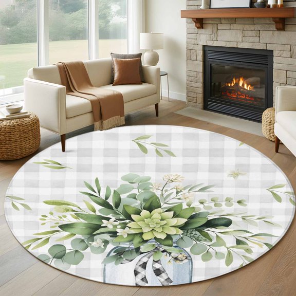 Round Area Rug 5ft Eucalyptus Leaf Watercolor Plant Area Rugs Washable Low Pile Floor Carpet for Bedroom, Farm Floral Gray Checked Non Slip Soft Rugs for Living Room Entryway Dining Room