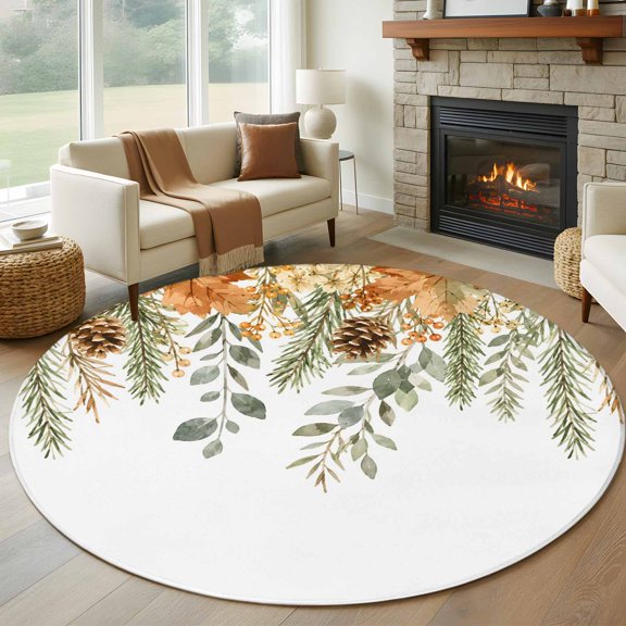Round Area Rug 5ft Fall Eucalyptus Leaf Pine Cone Area Rugs Washable Low Pile Floor Carpet for Bedroom, Farmhouse Autumn Botanical Non Slip Soft Rugs for Living Room Entryway Dining Room
