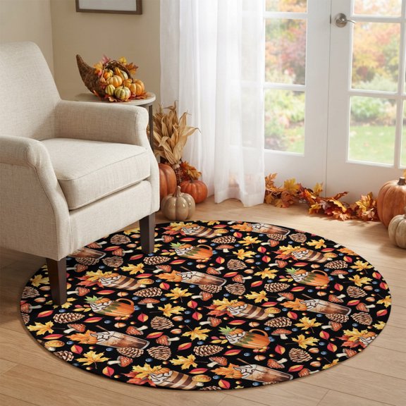 Round Area Rug 5ft Fall Maple Leaf Thanksgiving Pinecone Area Rugs Washable Low Pile Floor Carpet for Bedroom, Farm Mushroom Coffee Non Slip Soft Rugs for Living Room Entryway Dining Room