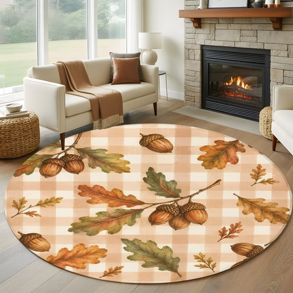 Round Area Rug 5ft Fall Oak Leaves Acorns Area Rugs Washable Low Pile Floor Carpet for Bedroom, Beige Gingham Check Non Slip Soft Rugs for Living Room Entryway Dining Room