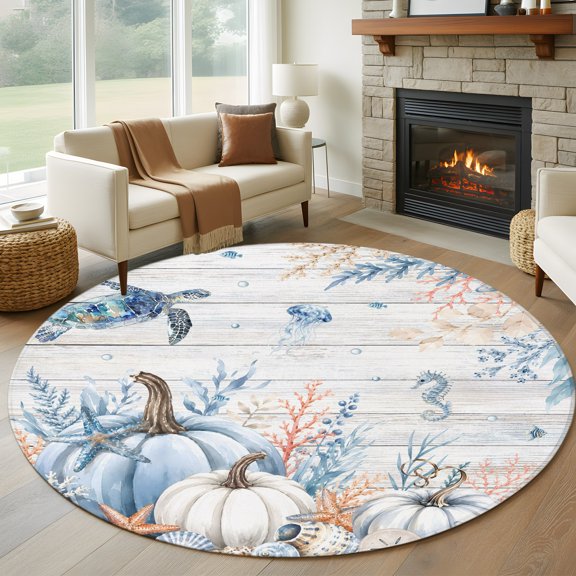 Round Area Rug 5ft Fall Pumpkin Ocean Theme Area Rugs Washable Low Pile Floor Carpet for Bedroom, Sea Turtle Jellyfish Seahorse Starfish Non Slip Soft Rugs for Living Room Entryway Dining Room