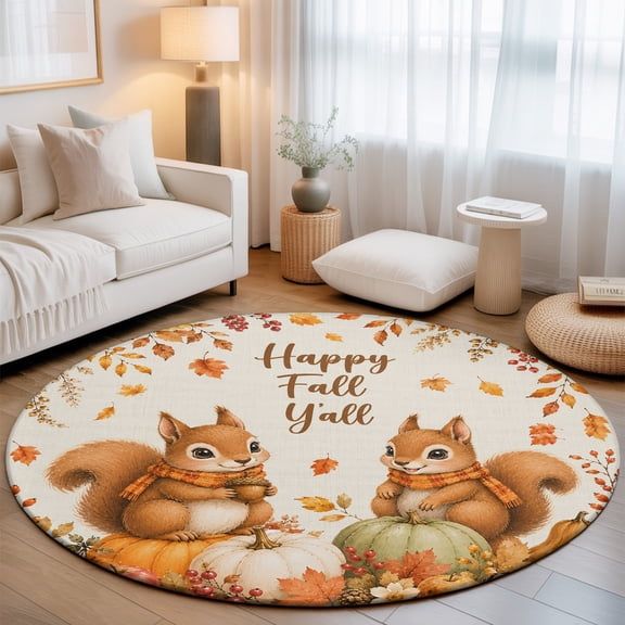 Round Area Rug - 5ft Fall Squirrels Thanksgiving Pumpkin Non Slip Washable Circle Carpet Soft Large Floor Rugs for Living Room Bedroom Nursery Office
