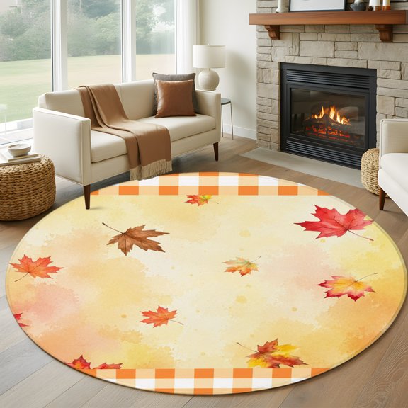 Round Area Rug 5ft Fall Thanksgiving Maple Leaves Area Rugs Washable Low Pile Floor Carpet for Bedroom, Autumn Country Orange Plaid Non Slip Soft Rugs for Living Room Entryway Dining Room