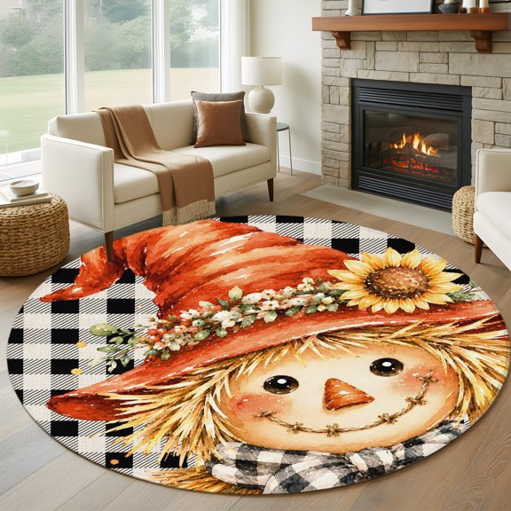 Round Area Rug 5ft Fall Thanksgiving Rustic Straw Man Area Rugs Washable Low Pile Floor Carpet for Bedroom, Black Check Gingham Non Slip Soft Rugs for Living Room Entryway Dining Room