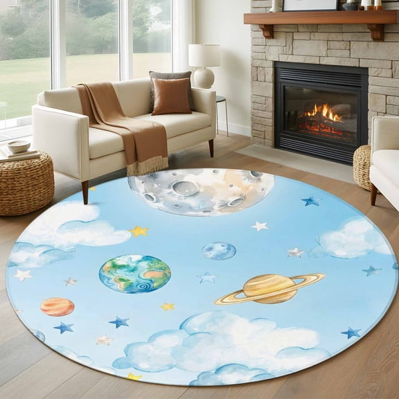 Round Area Rug 5ft, Fantasy Universe Planet Cloud Non-Slip Non-Shedding Floor Mat, Blue and Yellow Stars Washable Sturdy Carpet for Living Room Bedroom Home Decor