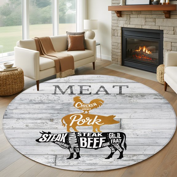 Round Area Rug 5ft Farm Animal Meat Area Rugs Washable Low Pile Floor Carpet for Bedroom, Vintage Chicken Pork and Beef on Wood Board Non Slip Soft Rugs for Living Room Entryway Dining Room