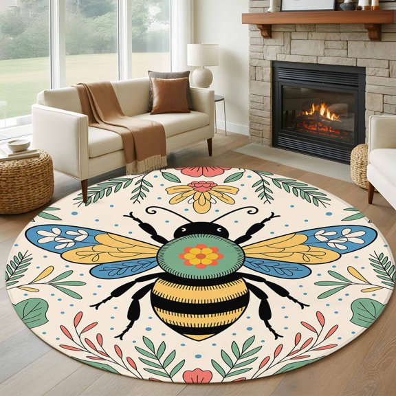 Round Area Rug 5ft Farm Bee Flower Leaves Area Rugs Washable Low Pile Floor Carpet for Bedroom, Blue Polka Dot Non Slip Soft Rugs for Living Room Entryway Dining Room