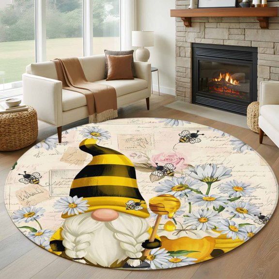 Round Area Rug 5ft Farm Bee Gnome Daisy Flower Area Rugs Washable Low Pile Floor Carpet for Bedroom, Vintage Letter Non Slip Soft Rugs for Living Room Entryway Dining Room