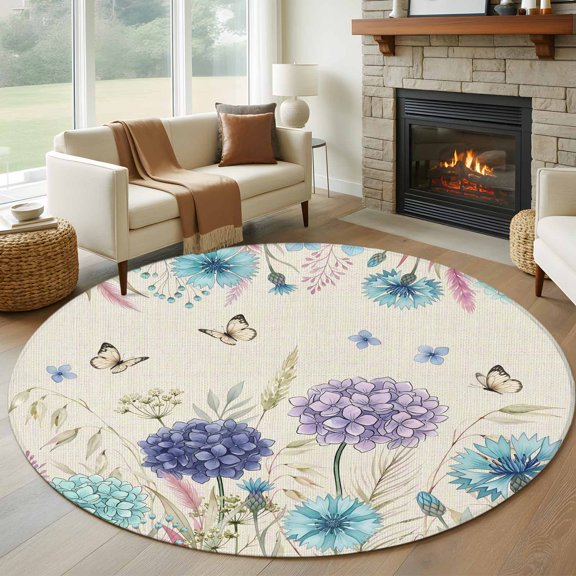 Round Area Rug 5ft Farm Blossom Floral Hydrangea Area Rugs Washable Low Pile Floor Carpet for Bedroom, Watercolor Butterfly on Linen Non Slip Soft Rugs for Living Room Entryway Dining Room