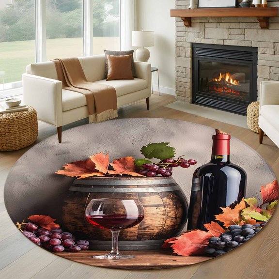 Round Area Rug 5ft Farm Grapes Wine Barrel Area Rugs Washable Low Pile Floor Carpet for Bedroom, Country Fruit Harvest Non Slip Soft Rugs for Living Room Entryway Dining Room