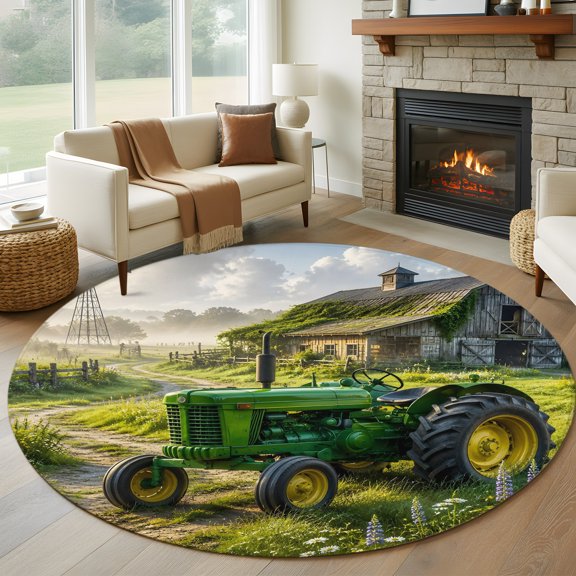Round Area Rug 5ft Farm Green Tractor Area Rugs Washable Low Pile Floor Carpet for Bedroom, Retro Old Barn Windmill Non Slip Soft Rugs for Living Room Entryway Dining Room