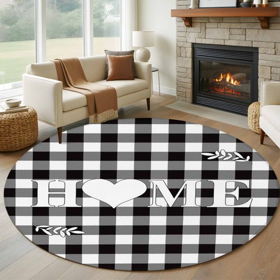 Round Area Rug 5ft Farm HOME Love Quotes Area Rugs Washable Low Pile Floor Carpet for Bedroom, Black White Buffalo Lattice Non Slip Soft Rugs for Living Room Entryway Dining Room