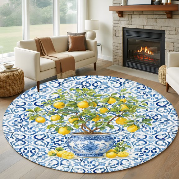 Round Area Rug 5ft Farm Lemon Fruit Leaves Area Rugs Washable Low Pile Floor Carpet for Bedroom, Blue and White Porcelain Texture Non Slip Soft Rugs for Living Room Entryway Dining Room