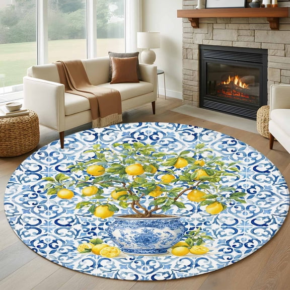 Round Area Rug 5ft, Farm Lemon Fruit Leaves Non-Slip Non-Shedding Floor Mat, Blue and White Porcelain Texture Washable Sturdy Carpet for Living Room Bedroom Home Decor
