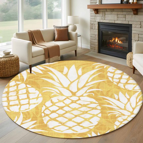 Round Area Rug 5ft Farm Pineapple Fruit Seamless Area Rugs Washable Low Pile Floor Carpet for Bedroom, Yellow Watercolor Non Slip Soft Rugs for Living Room Entryway Dining Room