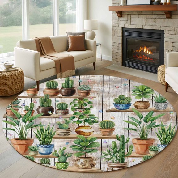 Round Area Rug 5ft Farm Potted Plant Cactus Area Rugs Washable Low Pile Floor Carpet for Bedroom, Retro Rustic Wooden Plank Non Slip Soft Rugs for Living Room Entryway Dining Room