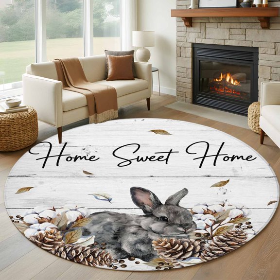Round Area Rug 5ft Farm Rabbit Pine Cone Berry Area Rugs Washable Low Pile Floor Carpet for Bedroom, Rustic Plant Animal Wood Plank Non Slip Soft Rugs for Living Room Entryway Dining Room