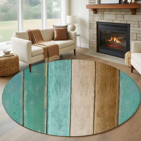 Round Area Rug 5ft Farm Teal Gradient Wood Board Area Rugs Washable Low Pile Floor Carpet for Bedroom, Brown Plank Non Slip Soft Rugs for Living Room Entryway Dining Room
