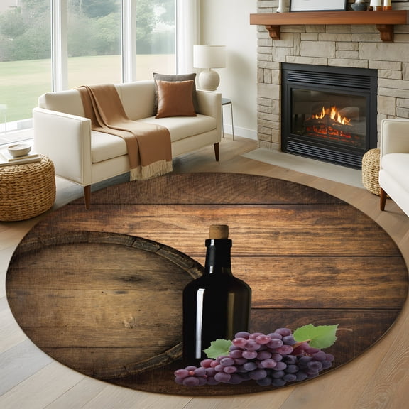 Round Area Rug 5ft Farm Wine Glass Grapes Fruit Vintage Wooden Barrel Area Rugs Washable Low Pile Floor Carpet for Bedroom, Retro Brown Plank Non Slip Soft Rugs for Living Room Entryway Dining Room