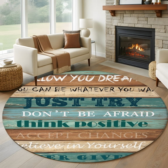 Round Area Rug 5ft Farmhosue Motivational Quotes Area Rugs Washable Low Pile Floor Carpet for Bedroom, Farm Wood Plank Non Slip Soft Rugs for Living Room Entryway Dining Room
