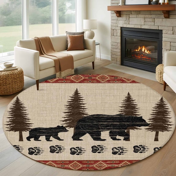 Round Area Rug 5ft Farmhouse Black Bear Paw Prints Area Rugs Washable Low Pile Floor Carpet for Bedroom, Forest Animal Tree Retro Linen Non Slip Soft Rugs for Living Room Entryway Dining Room