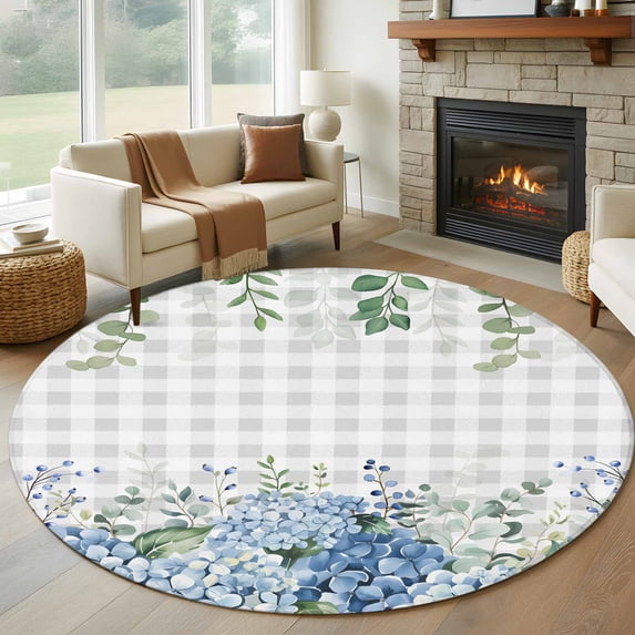 Round Area Rug 5ft,Farmhouse Blue Hydrangeas Flower Leaves Washable Carpet Non-Slip Runner Accent Rugs Indoor Floor Mat for Bedroom Living Room Decor,Grey White Plaid