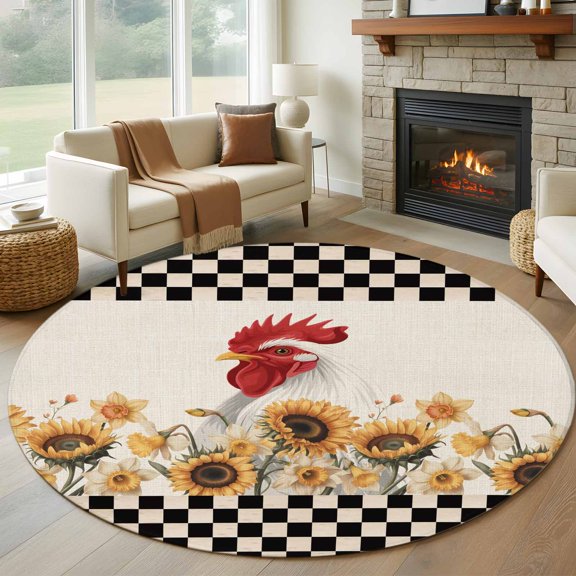 Round Area Rug 5ft Farmhouse Chicken Sunflower Area Rugs Washable Low Pile Floor Carpet for Bedroom, Retro Buffalo Plaid Farm Cock Non Slip Soft Rugs for Living Room Entryway Dining Room