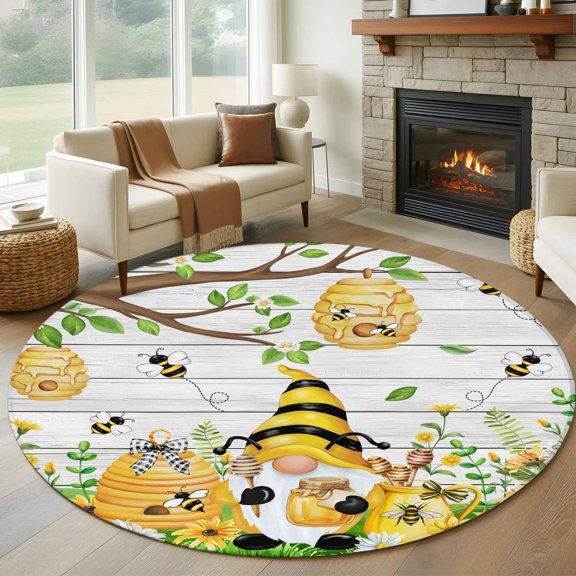 Round Area Rug 5ft Farmhouse Gnome Sunflower Area Rugs Washable Low Pile Floor Carpet for Bedroom, Pastoral Bee Flower Leaf Tree Non Slip Soft Rugs for Living Room Entryway Dining Room