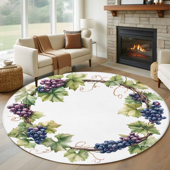 Round Area Rug 5ft Farmhouse Gradient Grape Vine Area Rugs Washable Low Pile Floor Carpet for Bedroom, Spring Watercolor Leaves Non Slip Soft Rugs for Living Room Entryway Dining Room