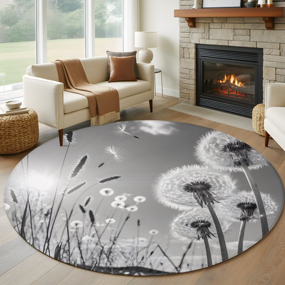 Round Area Rug 5ft Farmhouse Grey Field Dandelion Rural Plant Area Rugs Washable Low Pile Floor Carpet for Bedroom, Idyllic Botanical Non Slip Soft Rugs for Living Room Entryway Dining Room