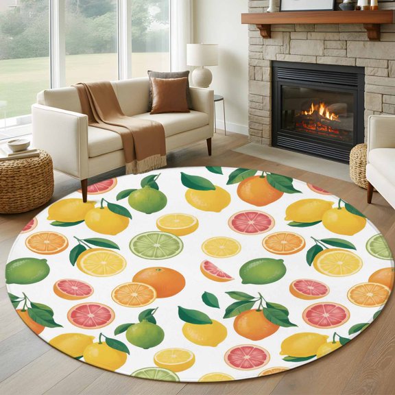 Round Area Rug 5ft Farmhouse Lemon Orange Grapefruit Area Rugs Washable Low Pile Floor Carpet for Bedroom, Summer Fruit Non Slip Soft Rugs for Living Room Entryway Dining Room