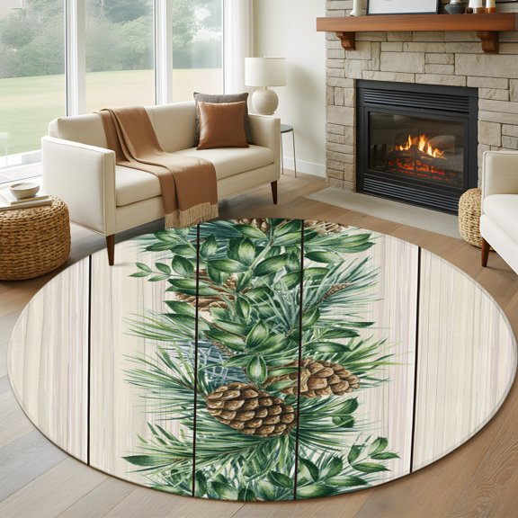 Round Area Rug 5ft Farmhouse Pine Needle Pinecone Area Rugs Washable Low Pile Floor Carpet for Bedroom, Rustic Retro Wood Grain Non Slip Soft Rugs for Living Room Entryway Dining Room