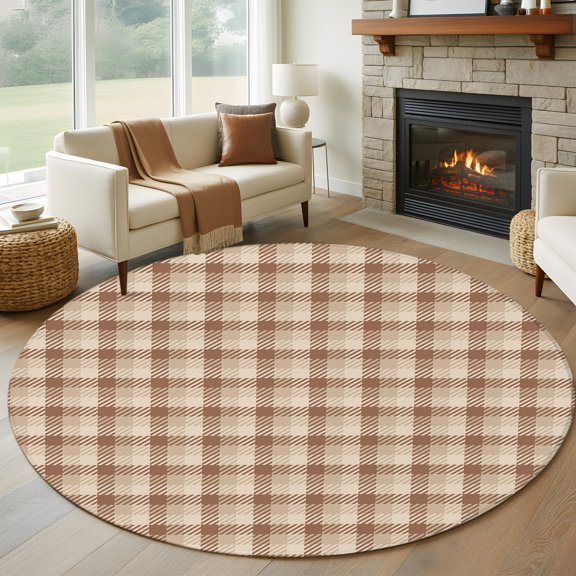 Round Area Rug 5ft Farmhouse Retro Buffalo Plaid Area Rugs Washable Low Pile Floor Carpet for Bedroom, Tartan Lattice Non Slip Soft Rugs for Living Room Entryway Dining Room
