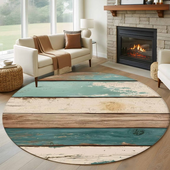 Round Area Rug 5ft Farmhouse Retro Wooden Plank Area Rugs Washable Low Pile Floor Carpet for Bedroom, Modern Rustic Worn Wood Barn Non Slip Soft Rugs for Living Room Entryway Dining Room