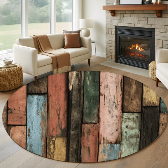 Round Area Rug 5ft Farmhouse Rustic Wooden Plank Barn Area Rugs Washable Low Pile Floor Carpet for Bedroom, Vintage Splicing Wood Board Non Slip Soft Rugs for Living Room Entryway Dining Room