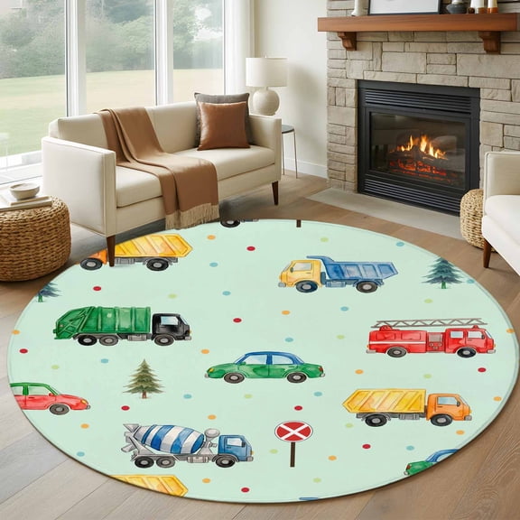 Round Area Rug 5ft Fire Trucks Engineering Vehicles Trees Cars Area Rugs Washable Low Pile Floor Carpet for Bedroom, Wave Points Non Slip Soft Rugs for Living Room Entryway Dining Room