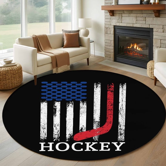Round Area Rug 5ft Firefighter American Flag Thin Red Line Area Rugs Washable Low Pile Floor Carpet for Bedroom, Hockey Sport Non Slip Soft Rugs for Living Room Entryway Dining Room