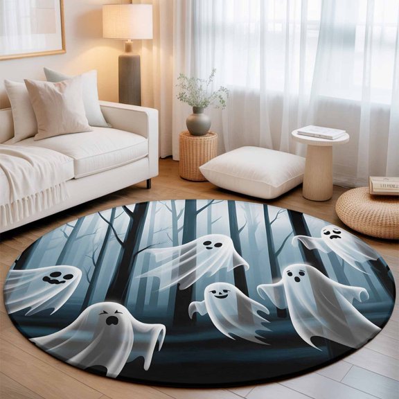 Round Area Rug - 5ft Floating Ghost in Woods Non Slip Washable Circle Carpet Soft Large Floor Rugs for Living Room Bedroom Nursery Office